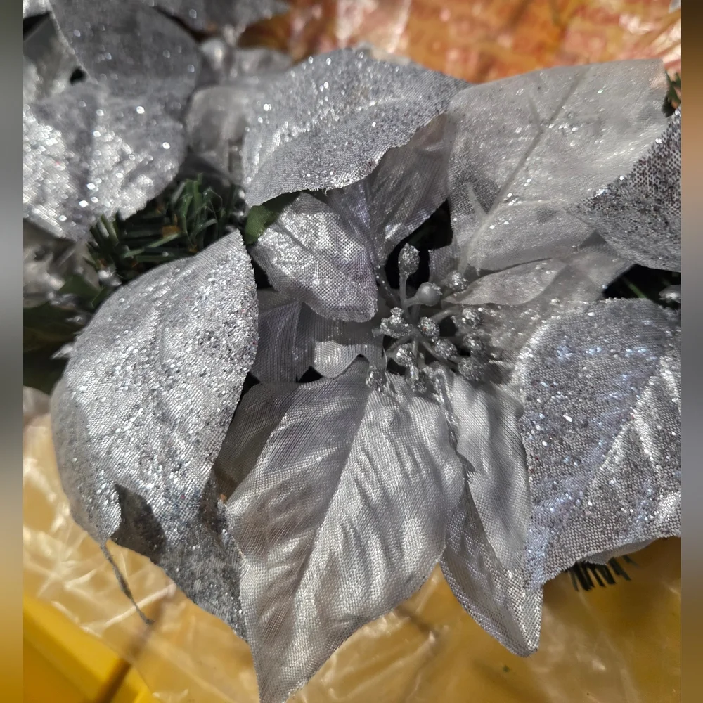 Sparkling Silver Poinsettia Holiday Wreath